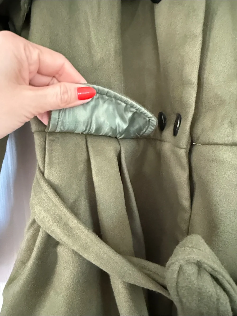 zeagoo Olive Green Trench Coat with Black Faux Fur Collar